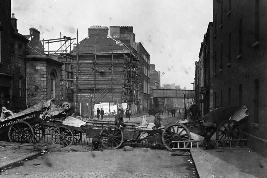 A rebel barricade in the streets of Dublin, Easter Week 1916