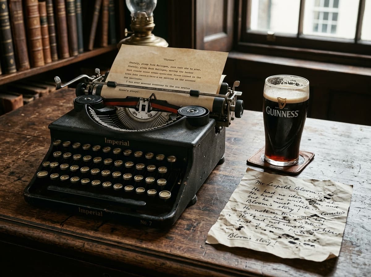 Antique typewriter and a pint of stout